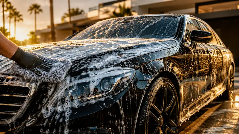 Luxury black car receiving a professional foam wash from a mobile car detailing service in Los Angeles